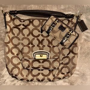 Coach Kristin Handbag Op Art Khaki/Brown Sateen Canvas Hobo Shoulder Bag
